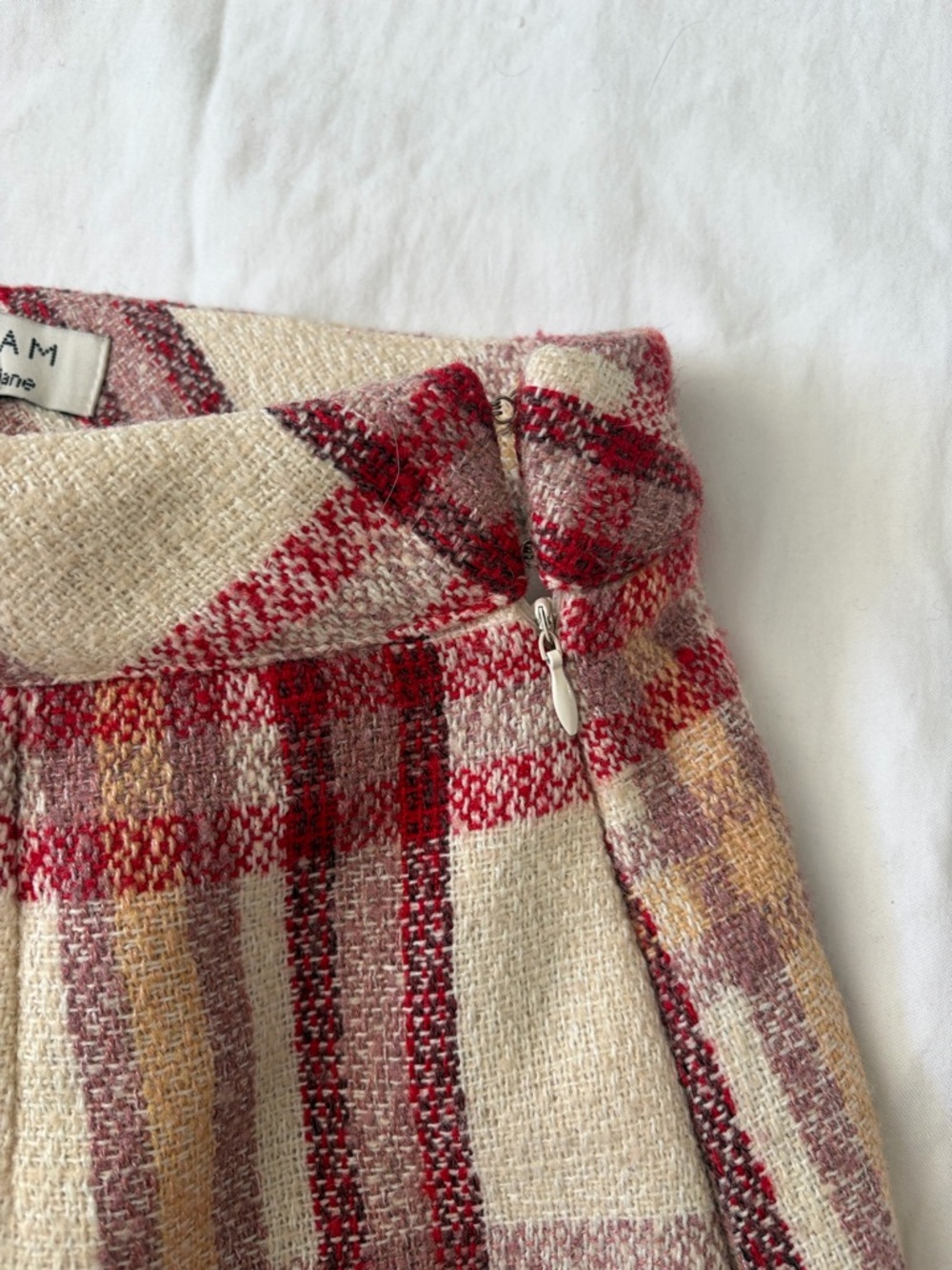 Anthropologie Sister Jane Cream Plaid Mini Skirt with Red Stripes Fun Buttons - Picture 4 of 6